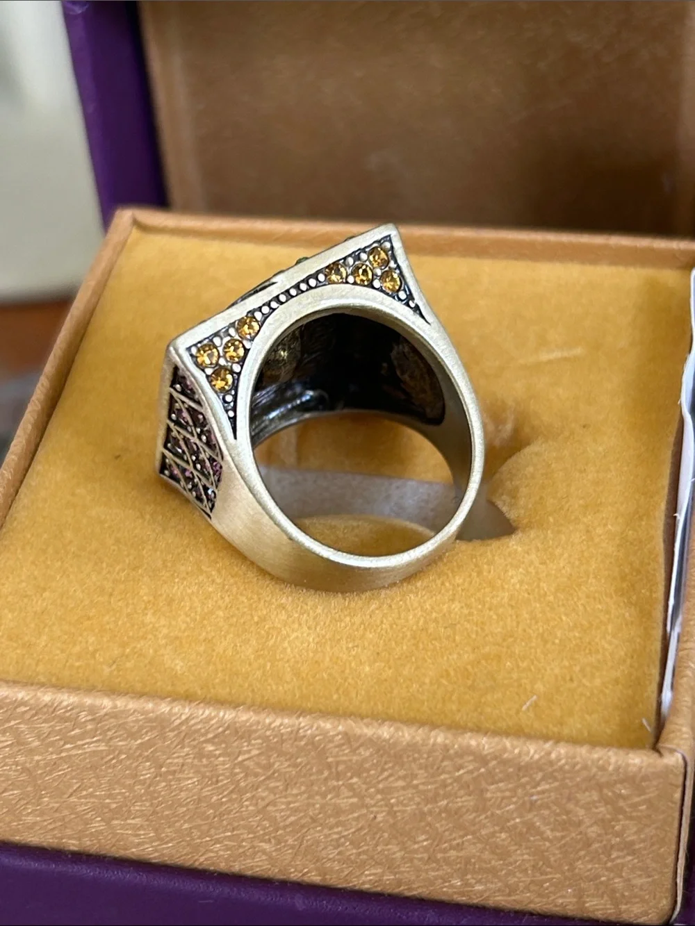 Celtic Knot Green Crystal Square Statement Ring with Amber Accent